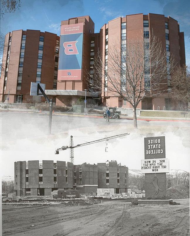 Collage with historical and present day towers hall